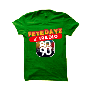 FeteDayz iRadio Green Tshirt with 80's and 90's printed graphic disign on front.