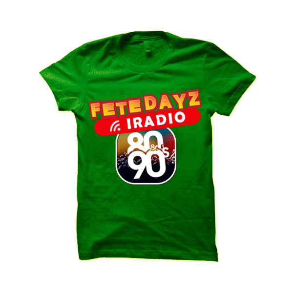 FeteDayz iRadio Green Tshirt with 80's and 90's printed graphic disign on front.