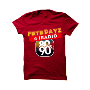 FeteDayz iRadioPurple T-shirt with 80's and 90's printed graphic disign on front.